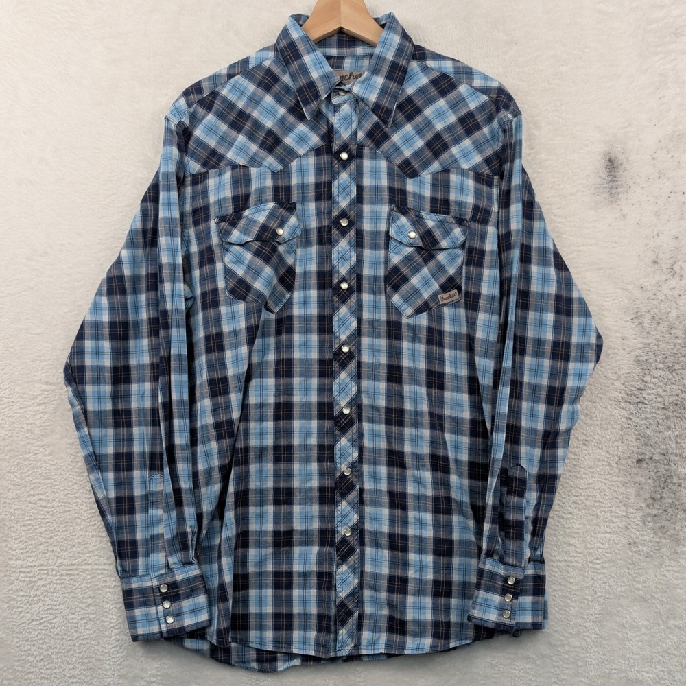 VTG Wrancher Wrangler Western Shirt Mens L Tall Blue Plaid Pearl Snap Cowboy 90s